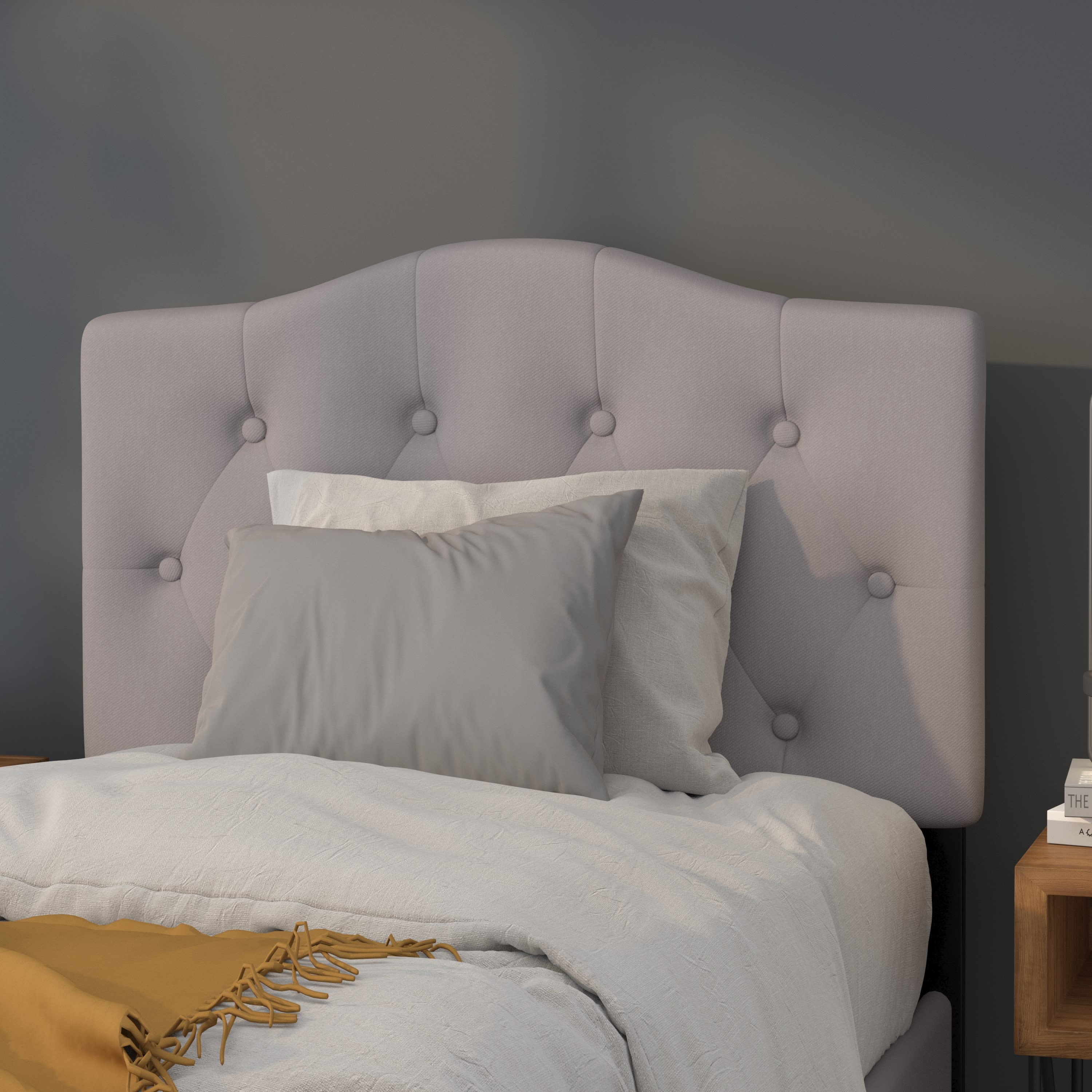 Twin Bed with Button Tufted Scalloped Headboard, Light Gray