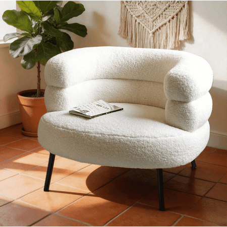 Cream White Fluffy Accent Chair, Modern Upholstered Armchair with Black Legs, Lamb Wool Barrel Chair for Living Room Bedroom Vanity