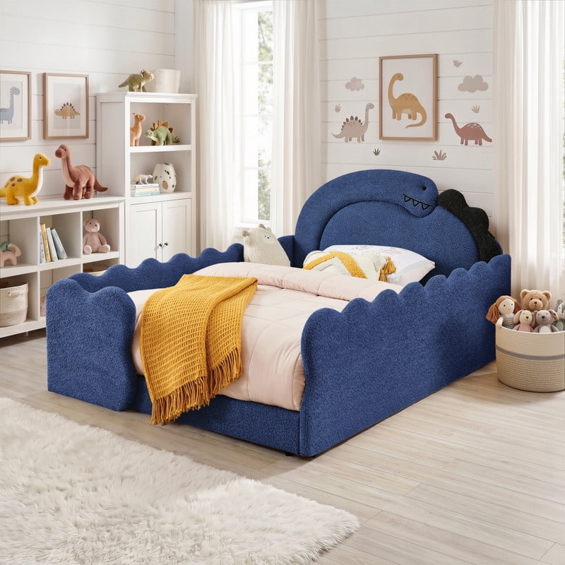 Avobird Full Size Cute Dinosaur-Shaped Kids Bed with Safety Guardraild, Solid Wood Toddler Bed Frame for Children for Bedroom, Boucle Fabric, Navy Blue