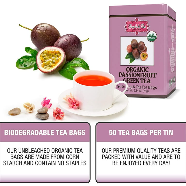 1 Pack) Brew La La Organic Green Tea - Passionfruit Flavor - 50 Tea Bag Tin  