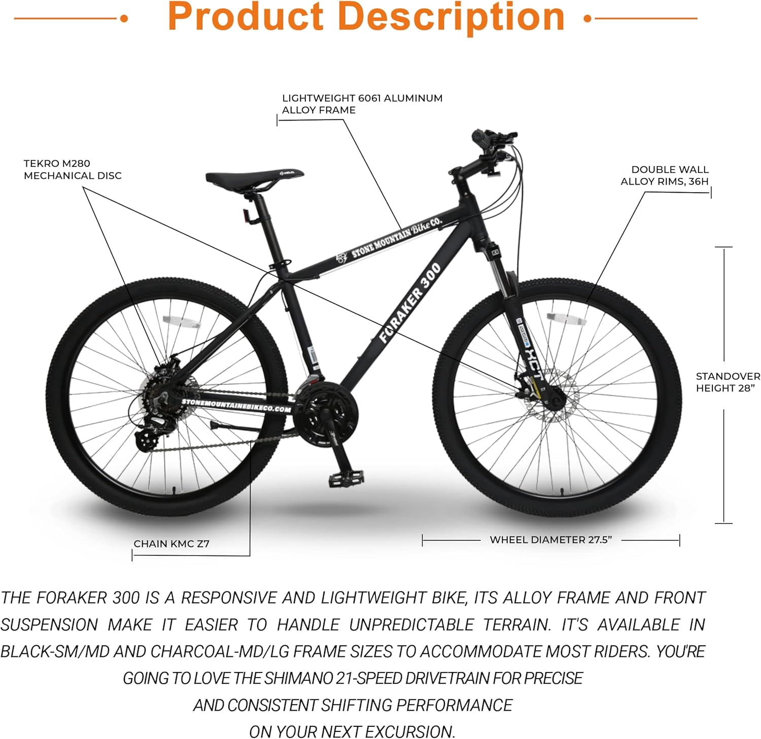 5Seconds Foraker 300 Hybrid Mountain Bike, 21-Speed Adult Bicycle for Men & Women, Lightweight Aluminum Frame, Front Suspension, Mechanical Disc Brakes, Trigger Shifters, All-Terrain Bike Black