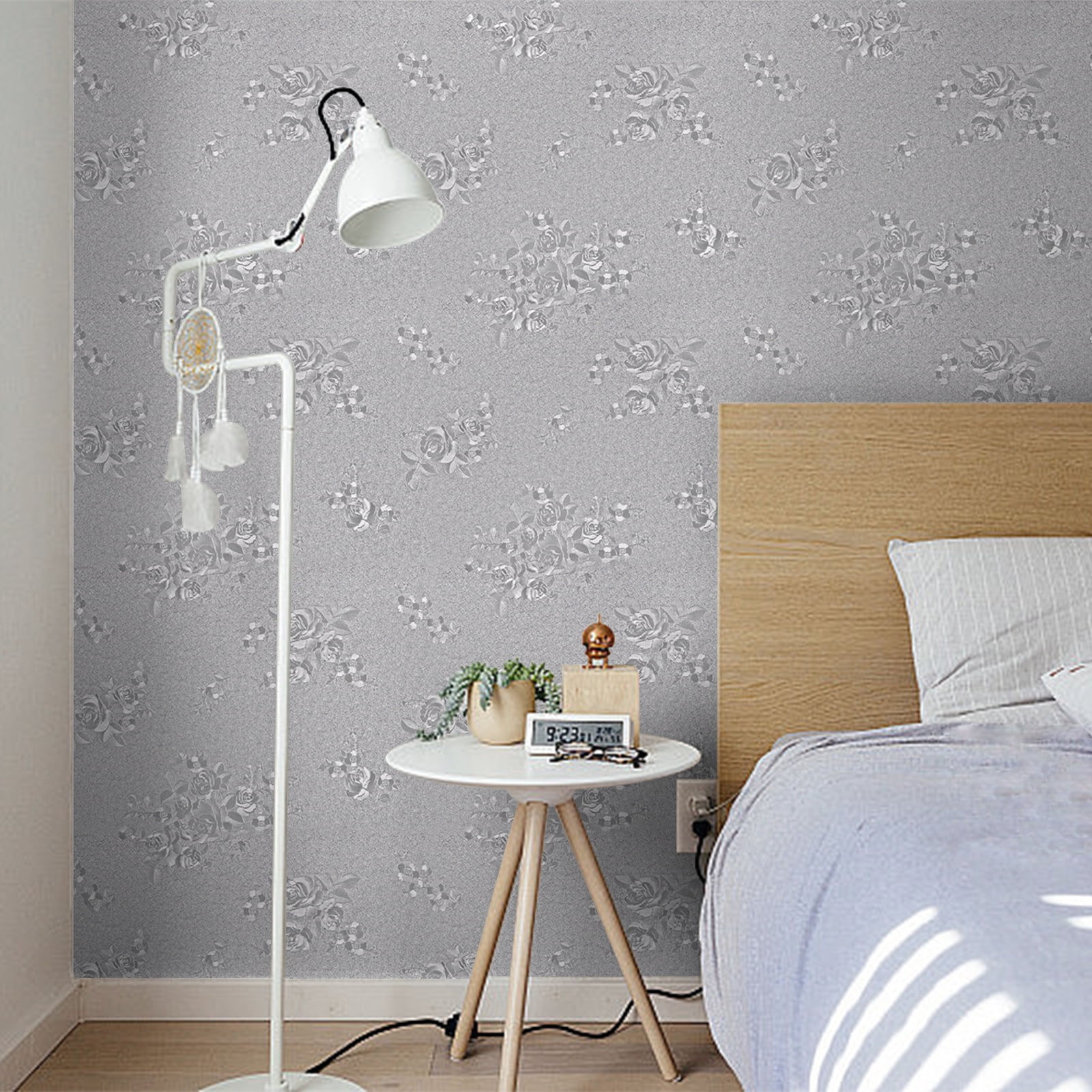 UMIGGEE Light Grey Wallpaper 17.7" x 118" Embossed Rose Self Adhesive Wall Paper Gray Peel and Stick Wallpaper Vinyl Contact Paper for Home Decoration Cabinet Furniture Renovation