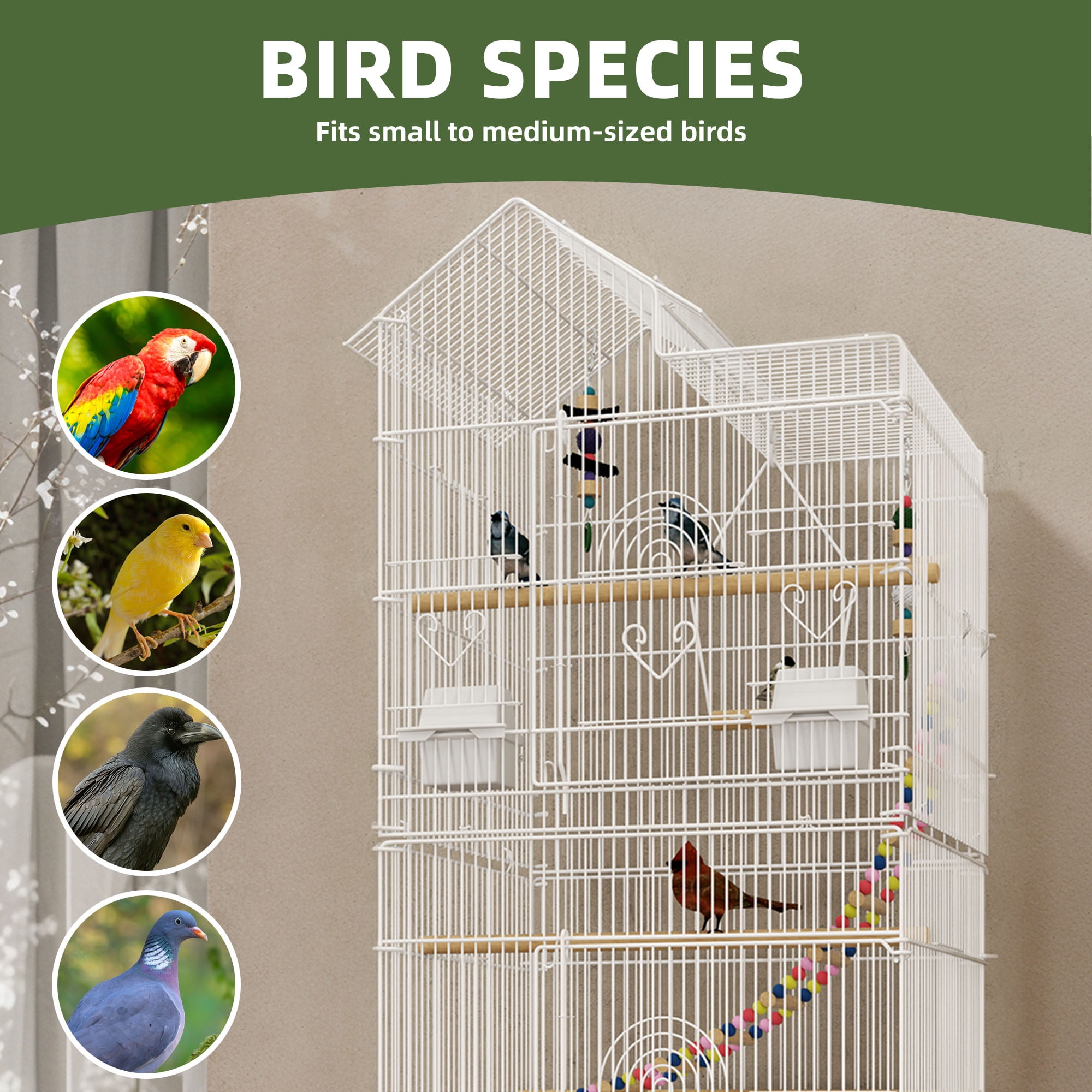 Uforic 62" Rolling Metal Birdcage with Rolling Stand and Castor Wheels and 3 Perches and 4 Feeders, Slide-Out Tray, White