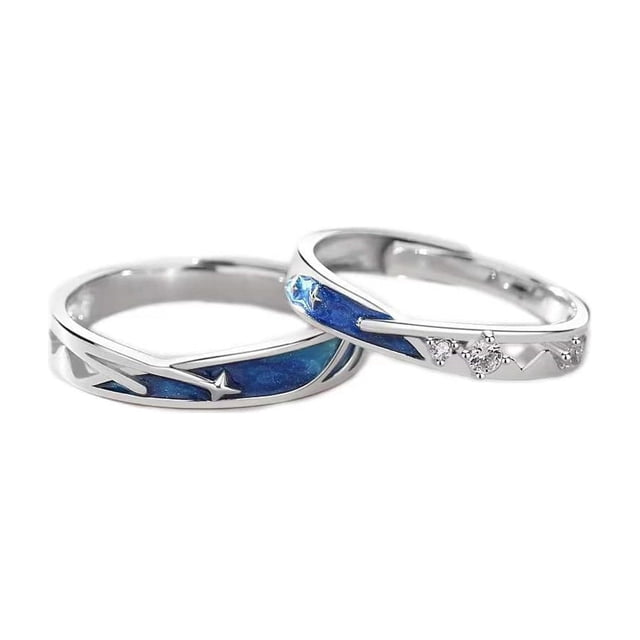 Set de anillos Rain Stars ajustables para compromiso de pareja, plata
