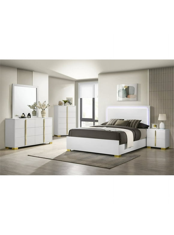 Coaster 5-Piece Contemporary Wood Eastern King Bedroom Set in White/Gold