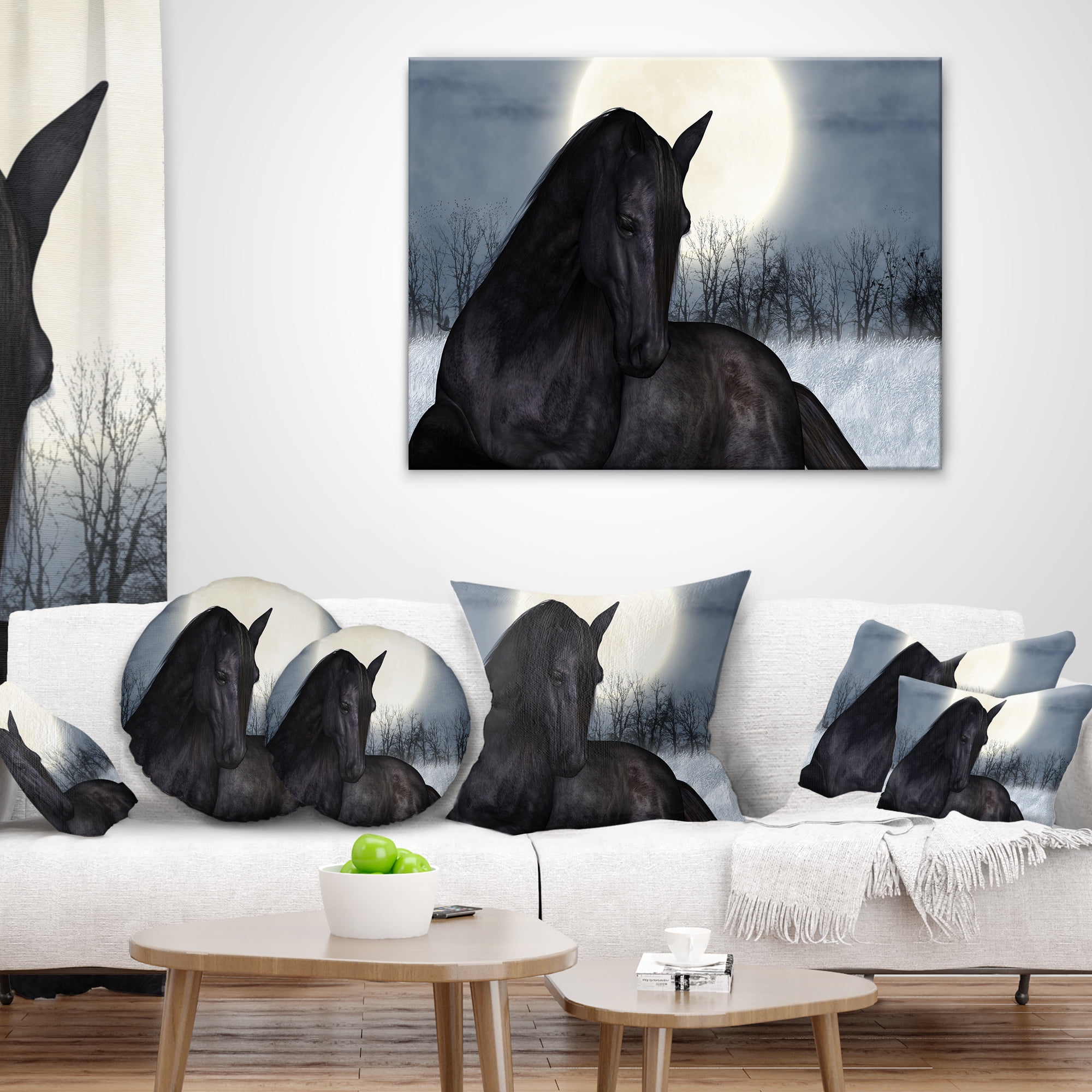 Designart Black Horse in Moonlight - Animal Throw Pillow - 16x16