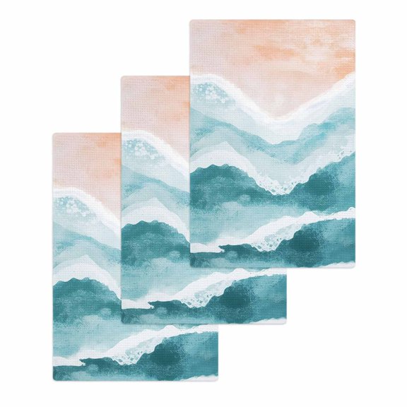 Aqua Coastal Beach Kitchen Dish Towels for Drying Dishes Set of 3, Modern Oil Painting Nautical Waffle Weave Microfiber Hand Tea Bathroom Towels Quick Dry & Absorbent Towel 15.7x23.6