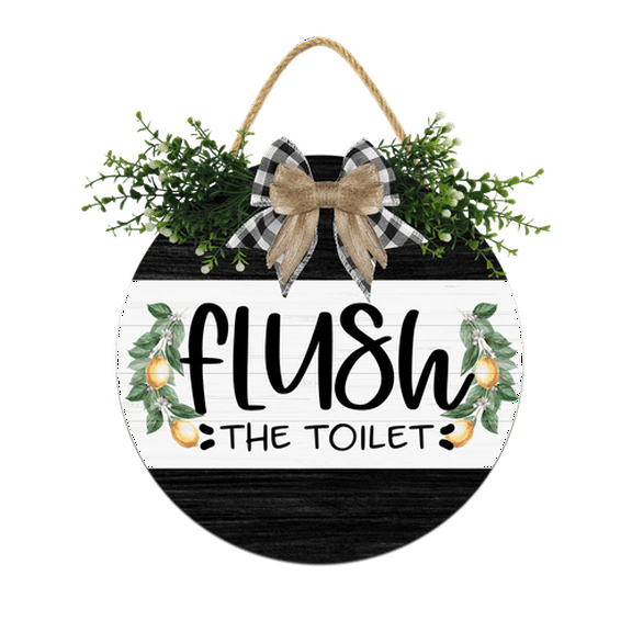 Eveokoki Flush The Toilet Sign For Bathroom Door,Rustic Round Wooden Wreath,Funny Bath Signs For Door,Farmhouse Restroom Signs Decor 12 Inch