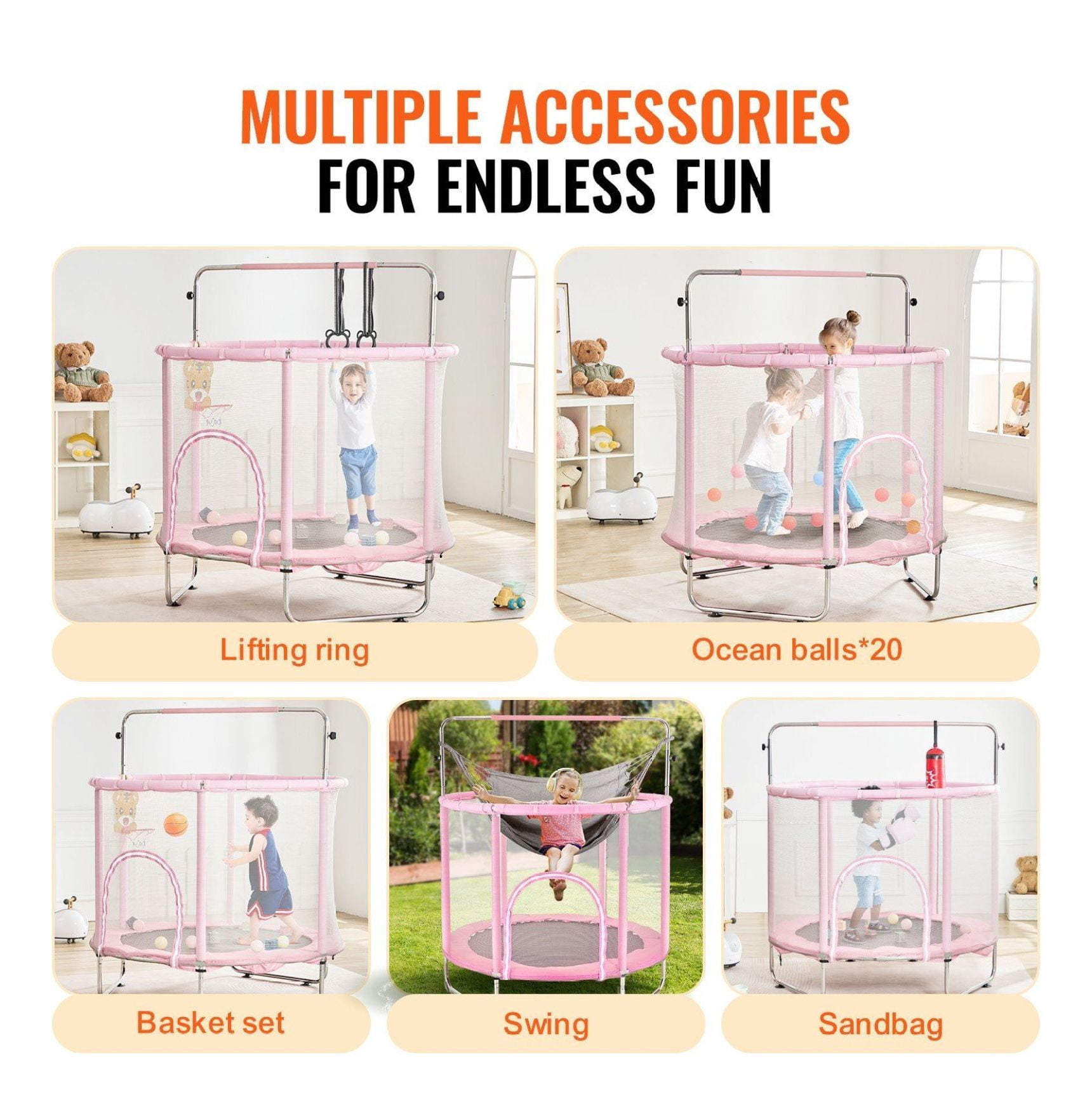 55" Kids Trampoline with Net & Enclosure, Mini Toddler Trampoline Indoor Outdoor, Adjustable Height, Basketball Hoop, Swing, Gifts for Ages 3-12