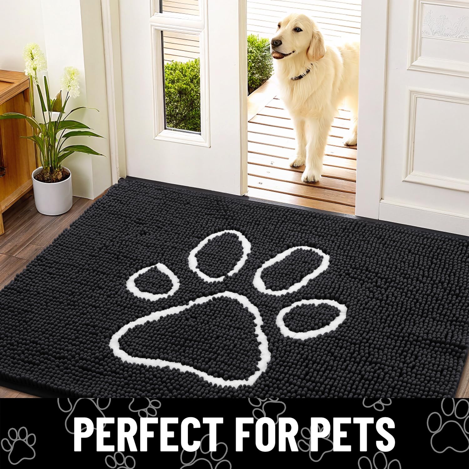 Buganda Dog Door Mats for Muddy Paws, Washable Dirt Trapper Front Door Rugs, Non-Slip Absorbent Chenille Indoor Doormats(30"x20", Black)