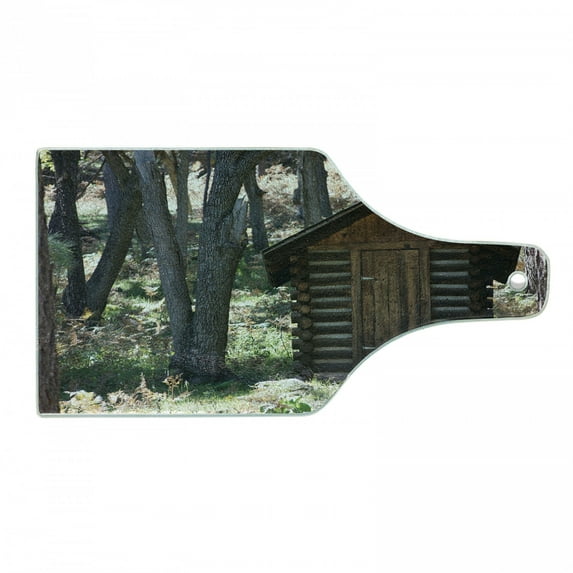 Outhouse Cutting Board, Wooden Prehistoric Life Barn Shed in Spring Forest Leaves Lumberjack Photo, Tempered Glass Cutting and Serving Board, Wine Bottle Shape, Dark Brown Green, by Ambesonne