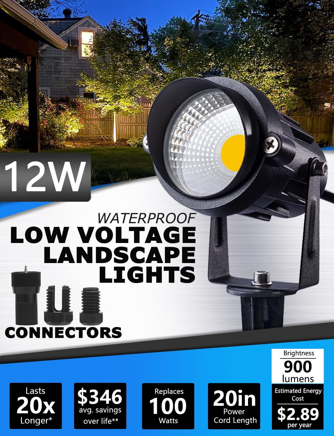 SUNVIE 12W Low Voltage LED Landscape Lights with Connectors, Outdoor Spotlights with Spike Stand