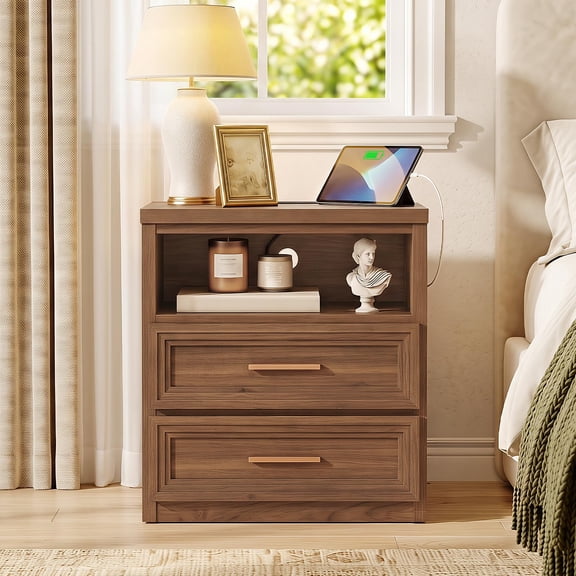 JOAXSWE 24" Farmhouse Nightstand with Charging Station, 2 Drawers and Open Shelf, Modern Bedside Table with Metal Handle for Bedroom, Brown