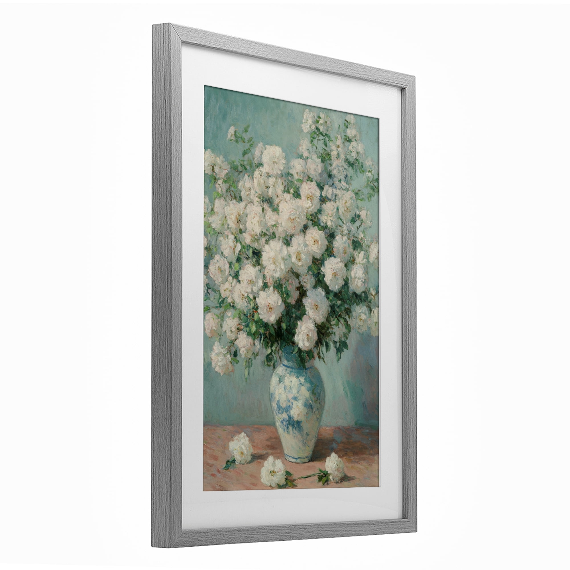 Stupell Industries Lush Bouquet of White Roses Gray Framed Print Under Glass, design by Petal Prints Design