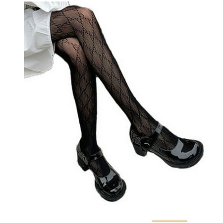 

Women s Semi-Opaque Black Fishnet Stockings Double G Letter Sexy Pantyhose Mesh Stocking