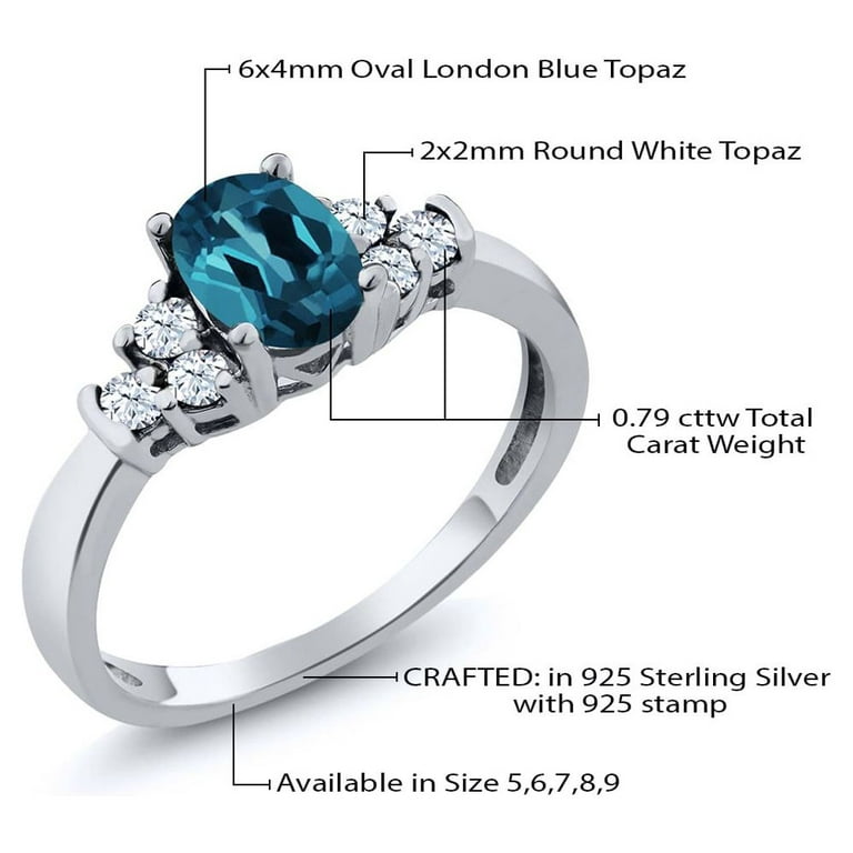Gem Stone King 925 Sterling Silver London Blue Topaz and White Topaz Ring  For Women (0.79 Cttw, Oval 6X4MM, Gemstone Birthstone, Available In Size 5, 