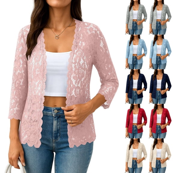 Yxbdin Lace Cardigan for Women Plus Size 3/4 Sleeve Shrug Cardigans Sheer Open Front Caidigan Elegant Ruffle Trim Outerwear for Vacation
