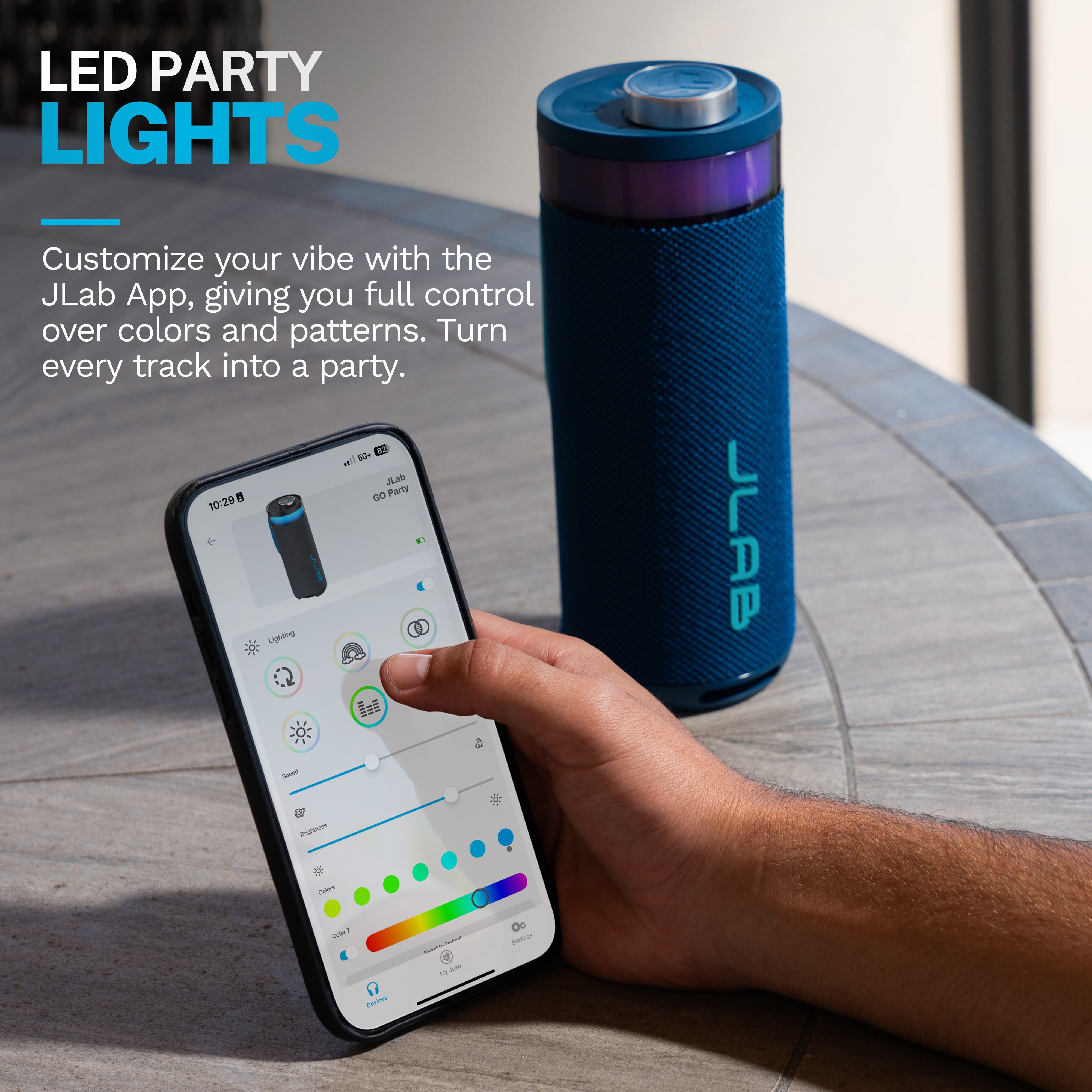 JLab GO Party Speaker - Navy; Bluetooth Portable Speaker with RGB Lighting, 10W