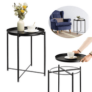 Metal Tray End Table, Round Accent Coffee Side Table, Anti-Rust and Waterproof Outdoor Small Side Table, Indoor Modern Sofa Side Table Bedside Table for Living Room Bedroom Balcony (Black)