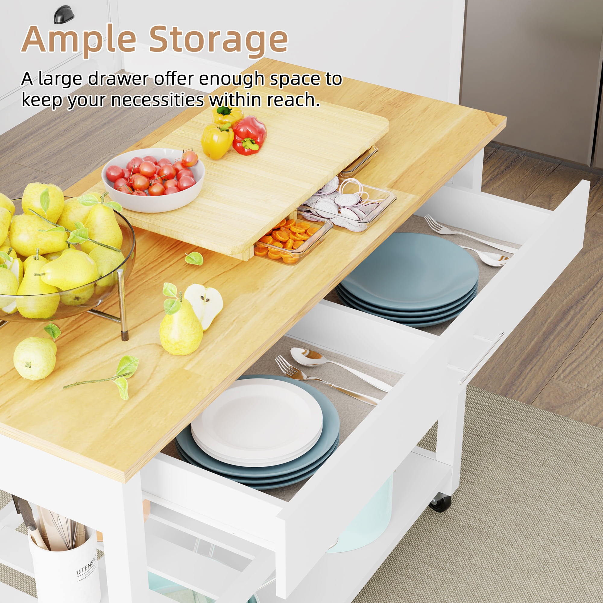 Kitchen Island Cart with Storage,Rolling Kitchen Island Side Table on Wheels with Large Worktop,Storage Cabinet,Towel Rack,Drawers and Open Shelves for Kitchen,Dinning Room,White