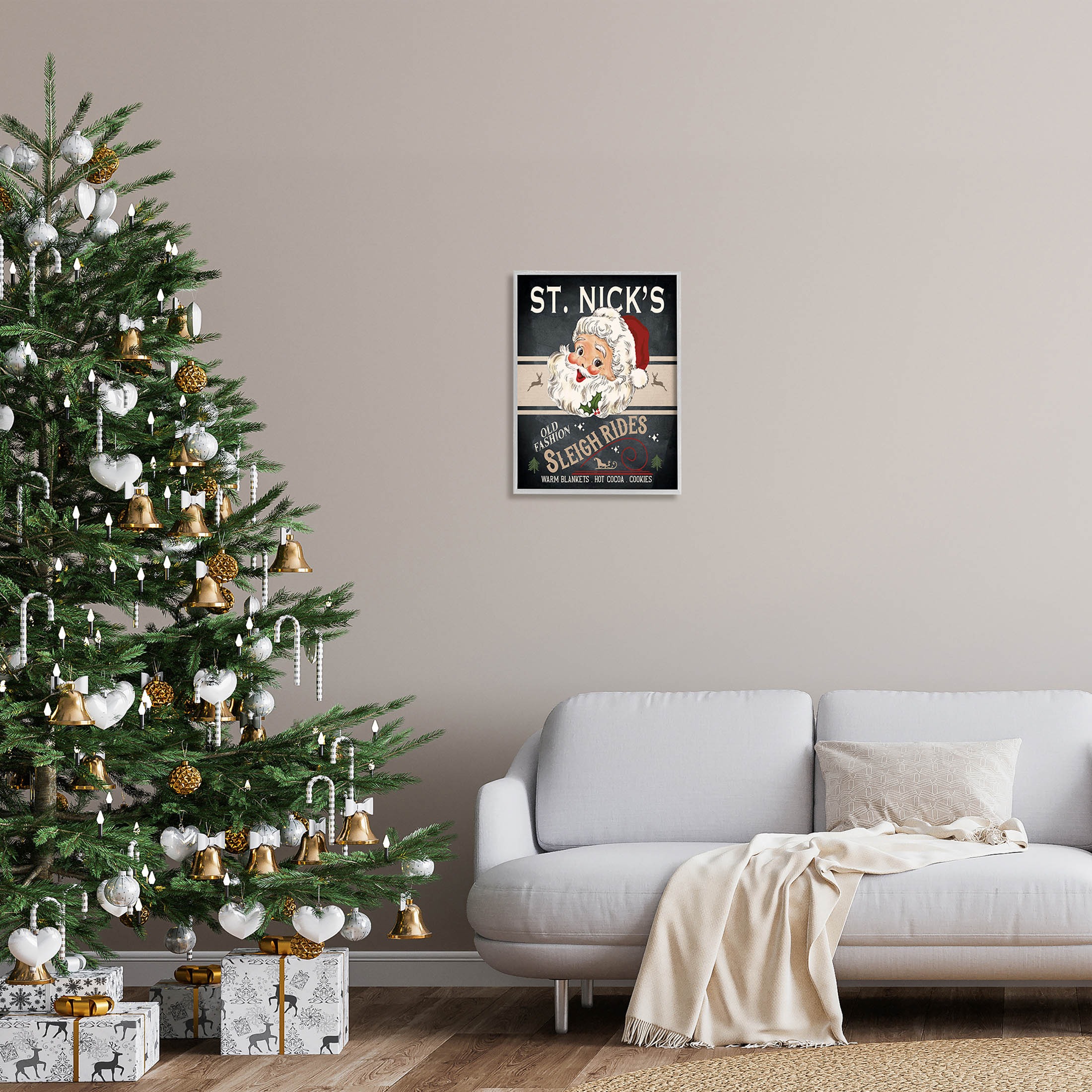 St. Nick's Sleigh Rides Vintage Style Sign Holiday Graphic Art Gray Framed Art Print Wall Art