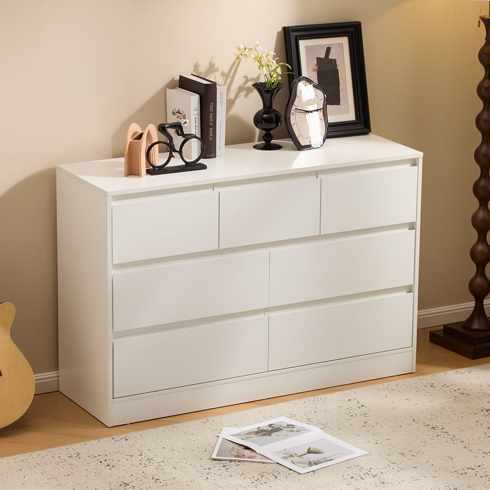 Ktaxon 7 Drawer Double Dresser with Mirrow Wood Dresser Storage Cabinet Drawer Organizer Chest of Drawers, White