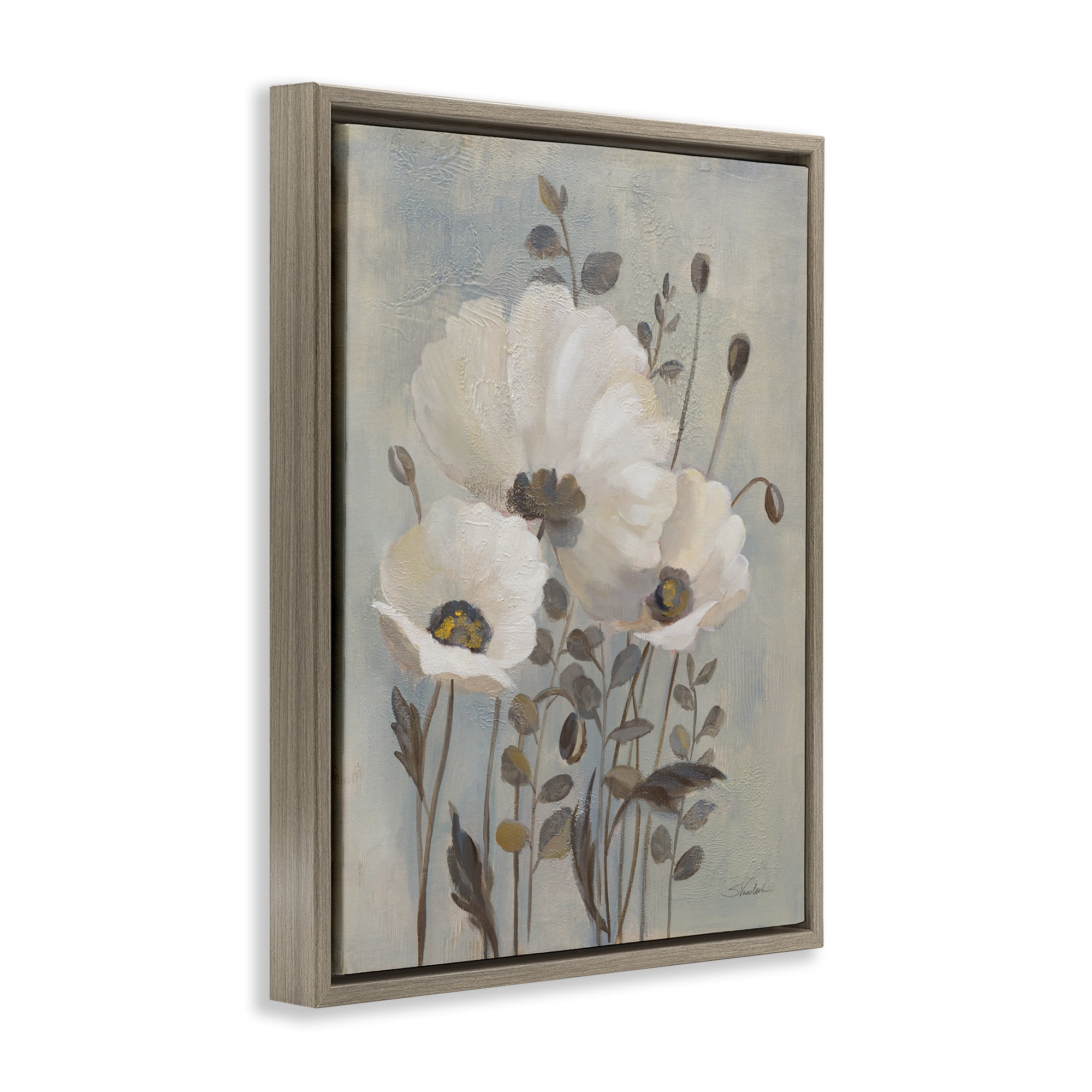 Stupell Industries Neutral Poppies Cluster Plants & Flowers Painting Brown Floater Framed Canvas Art Print Wall Art, 17 x 21