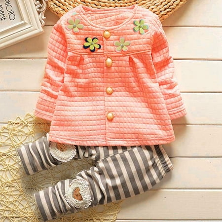 

nsendm Baby kids Girls Warm Cotton Flower Long Sleeve Cardigan+Long Pants Clothing Sets Pink 90