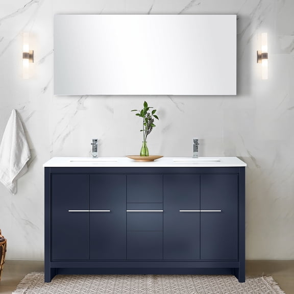 60 In. W X 20 D Navy Blue Vanity With White Quartz Top, Faucet , 55 Mirror - Scratch And Stain- Bathroom Unit Double 60" 20" D, Faucet, 55" Fashionable Appearance