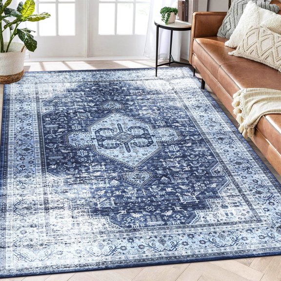 Tzou Vintage Living Room Area Rugs 5x7 - Super Soft Washable Oriental Traditional Distressed Carpets for Bedroom Home Office(Navy Blue)