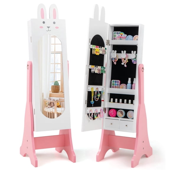 Furnibear Kids Jewelry Armoire Cabinet with Full-Length Mirror 2 Tilt Angles and Large Capacity Storage for Bedroom, White