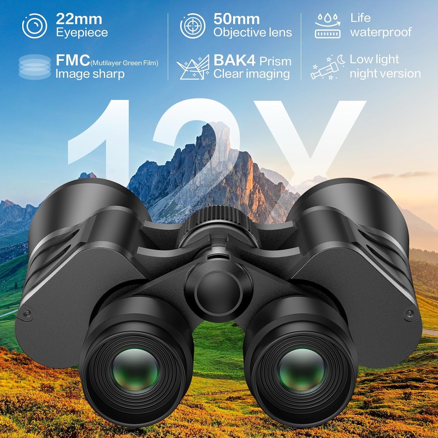 Scootworks 12x50 Binoculars for Adults,HD Binoculars with Low Light Night Vision, Clear FMC BAK4 Prism Lens, Binoculars for Hunting Birds Watching Traveling Stargazing Outdoor Sport, Black