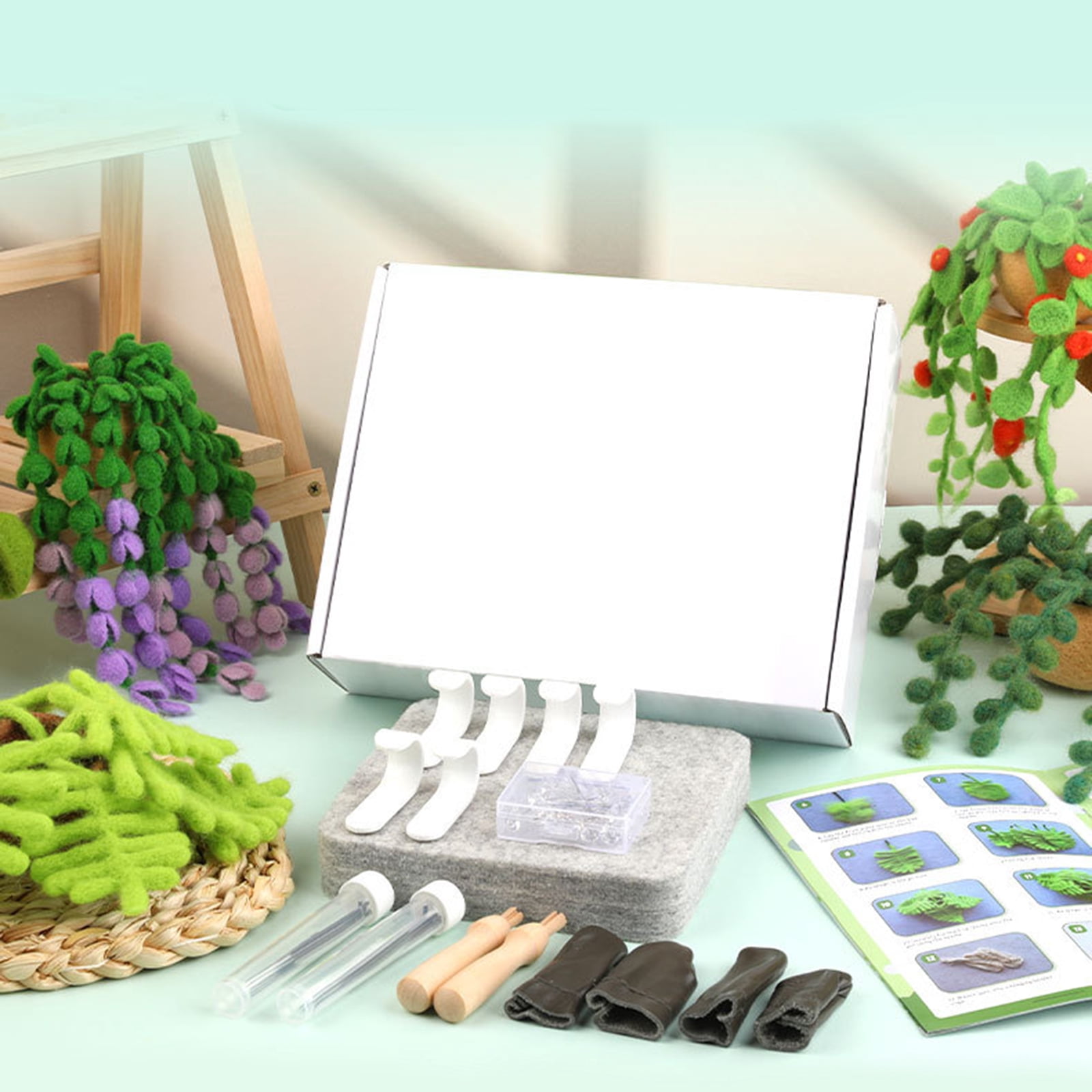 Needle Felting Supplies Hanging Potted Plant Wool Felted Set with Felting Needle Instruction Wool Roving for Beginner