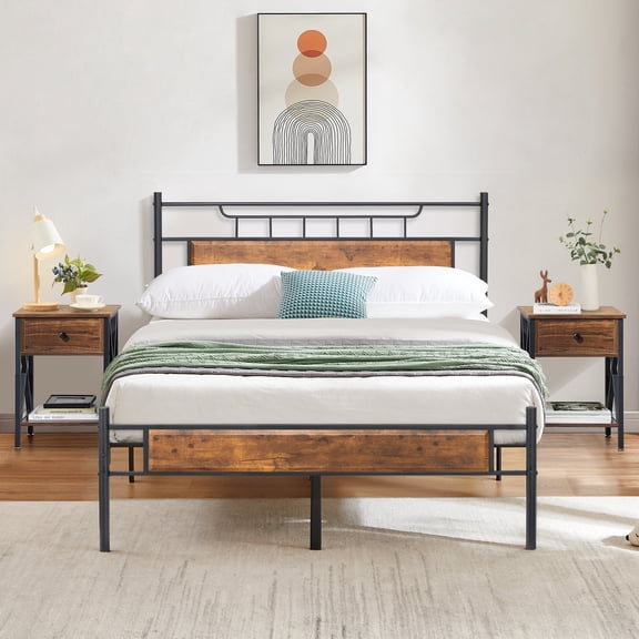 VECELO 3-Piece Bedroom Set with Full Size Platform Bed Frame and 1-Drawer Brown Nightstand