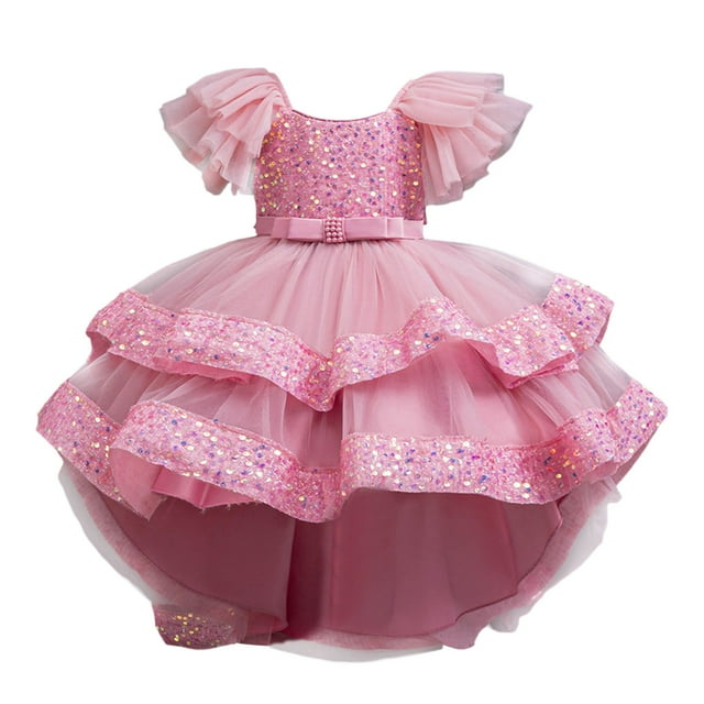 Robes pour Filles en Maille Manches Volantes Col Rond Robe Décontractée Unie Rose 7-8 Ans