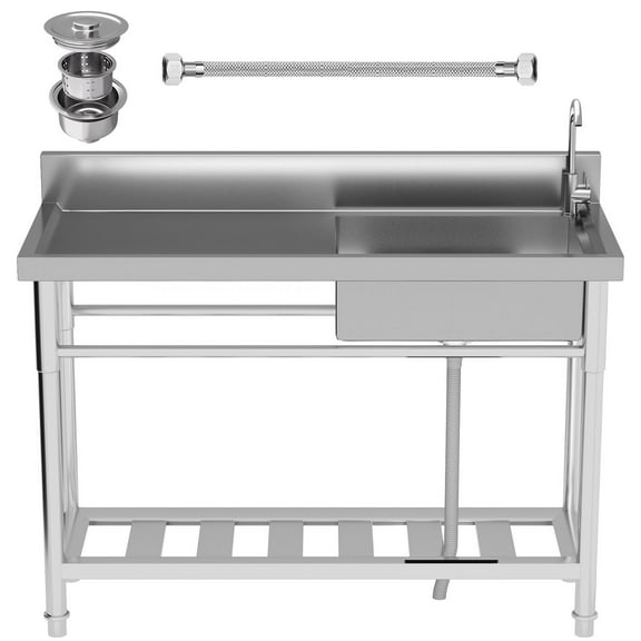 Free Standing 47in Stainless-Steel Commercial Sink Set, Workbench & Storage Shelves for Indoor Outdoor Catering Station