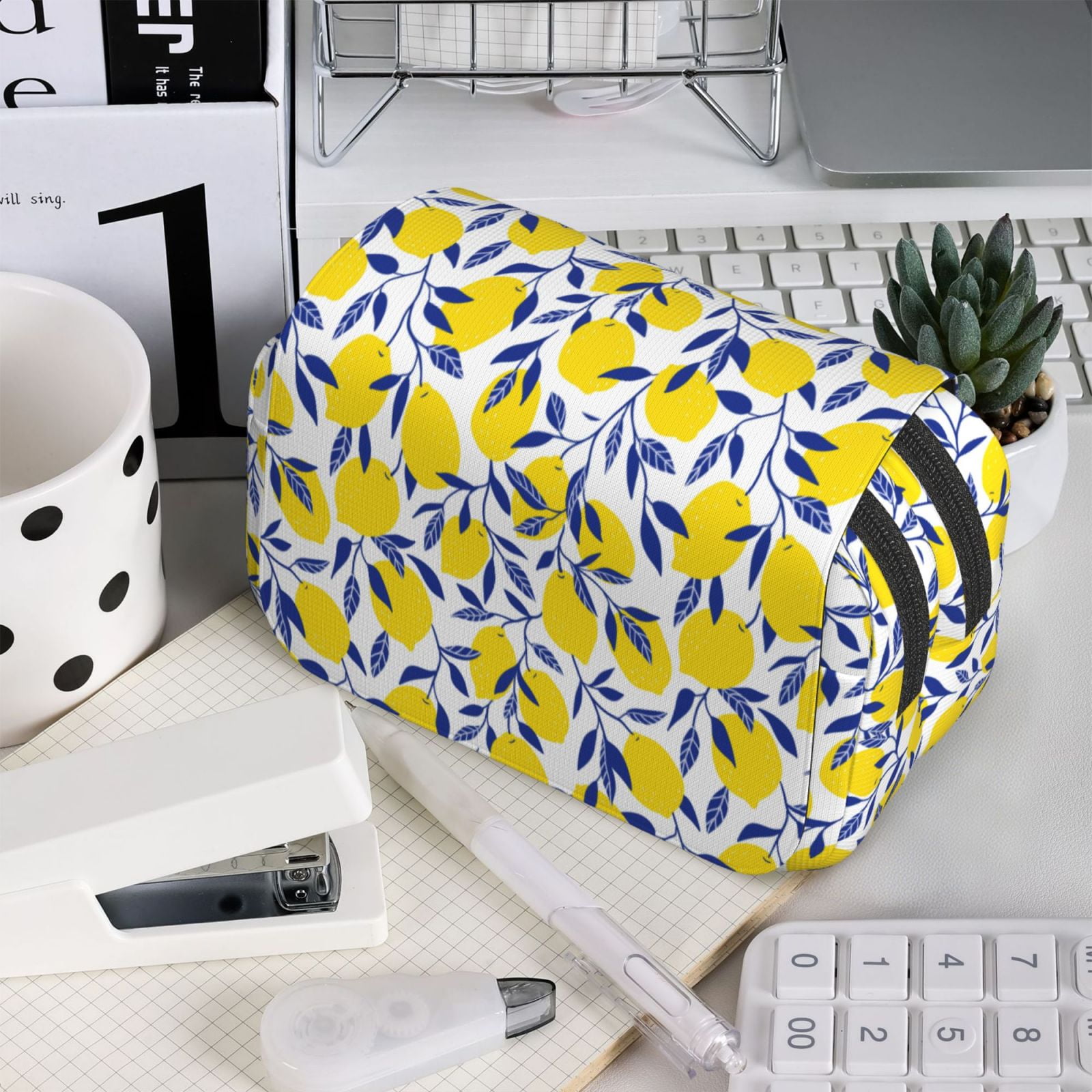 Rateoe Tropical Lemon Pattern Double Clamshell Pen Case, Storage Organizer with Two Zipper Compartments– Holds Up to 50 Pencils & Pens