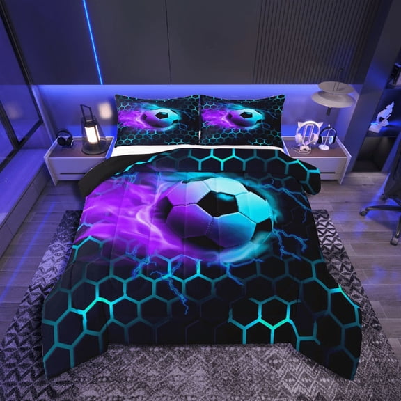 Castle Fairy Boys Soccer 2pcs Bedding Comforter Set,Geometric Honeycomb Twin Comforter Sets,Abstract Lightning Breathable Bedding Set,Microfiber Sport Theme Bedroom Decor,Reversible