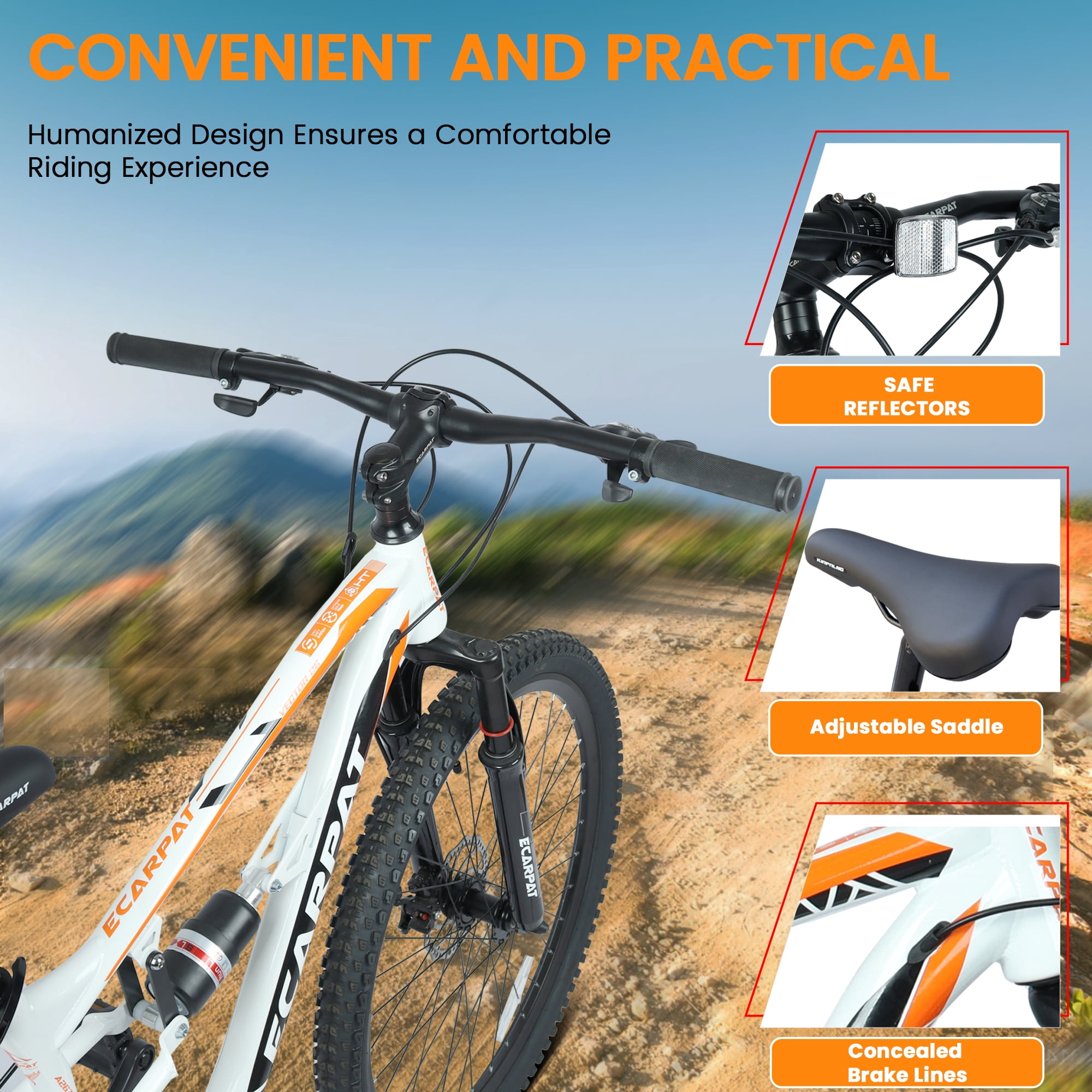 26 Inch Mountain Bike with 21-Speeds & Full Suspension Steel Frame,White&Orange