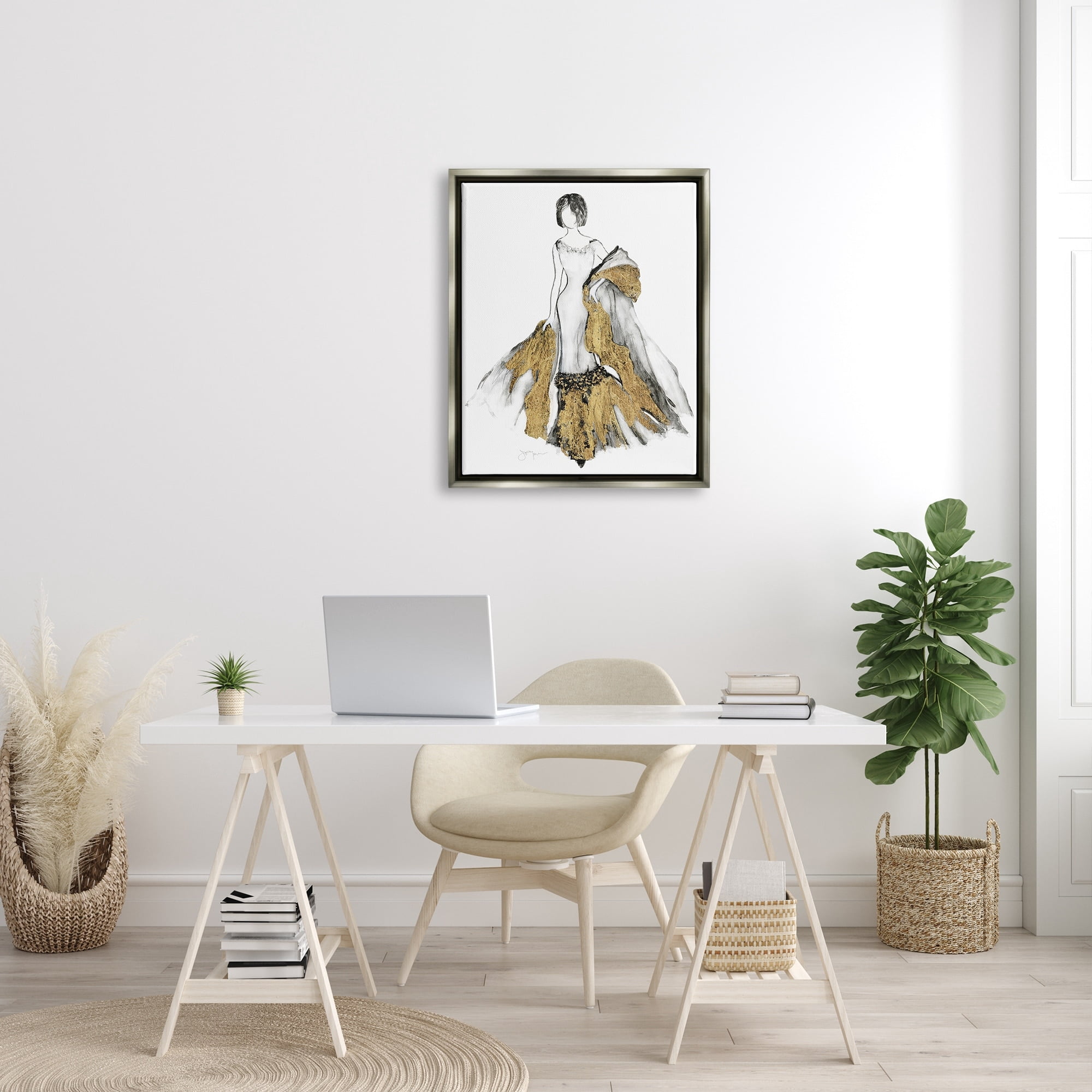 Stupell Industries Fashion Figure Drawing Female Glam Evening Gown Gold Luster Gray Framed Floating Canvas Wall Art, 24x30, by Janet Tava