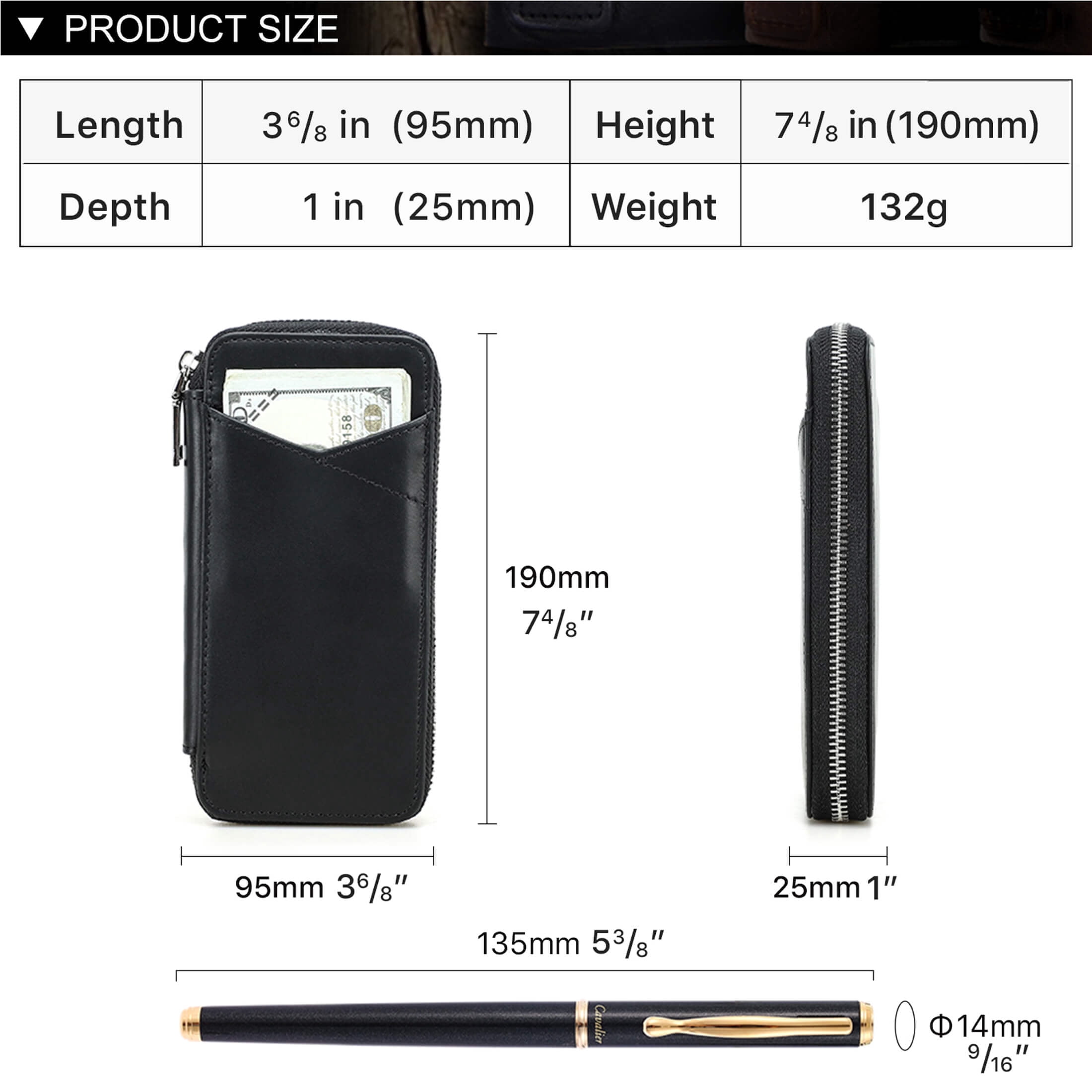 Hiram Genuine Leather Pencil Case with 4 Slots, Handmade Multifunctional Zipper Fountain Pen Bag, Student Stationery Pen Box (Black)