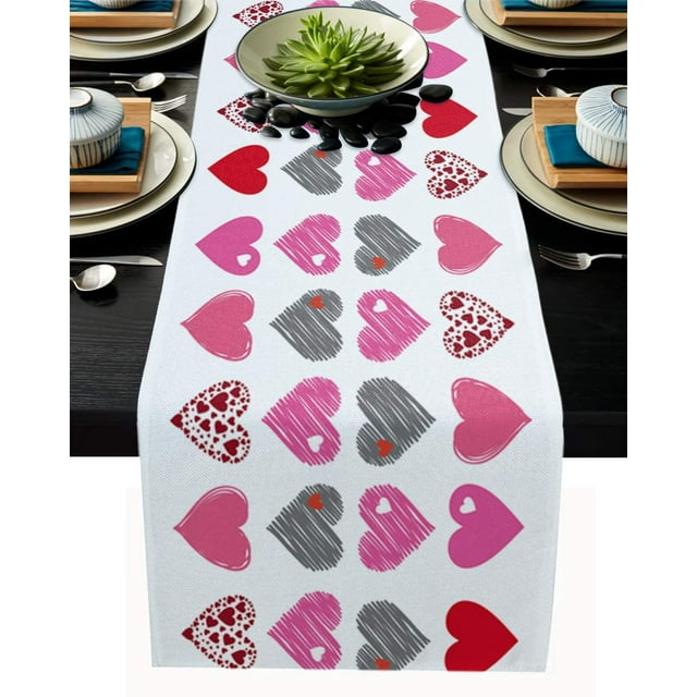 Valentine's Day Cotton Linen Dining Table Runner Colorful Romantic Love Heart Non-Slip Heat Resistant Table Runners for Family Dinner Kitchen Table,16x72 Inch