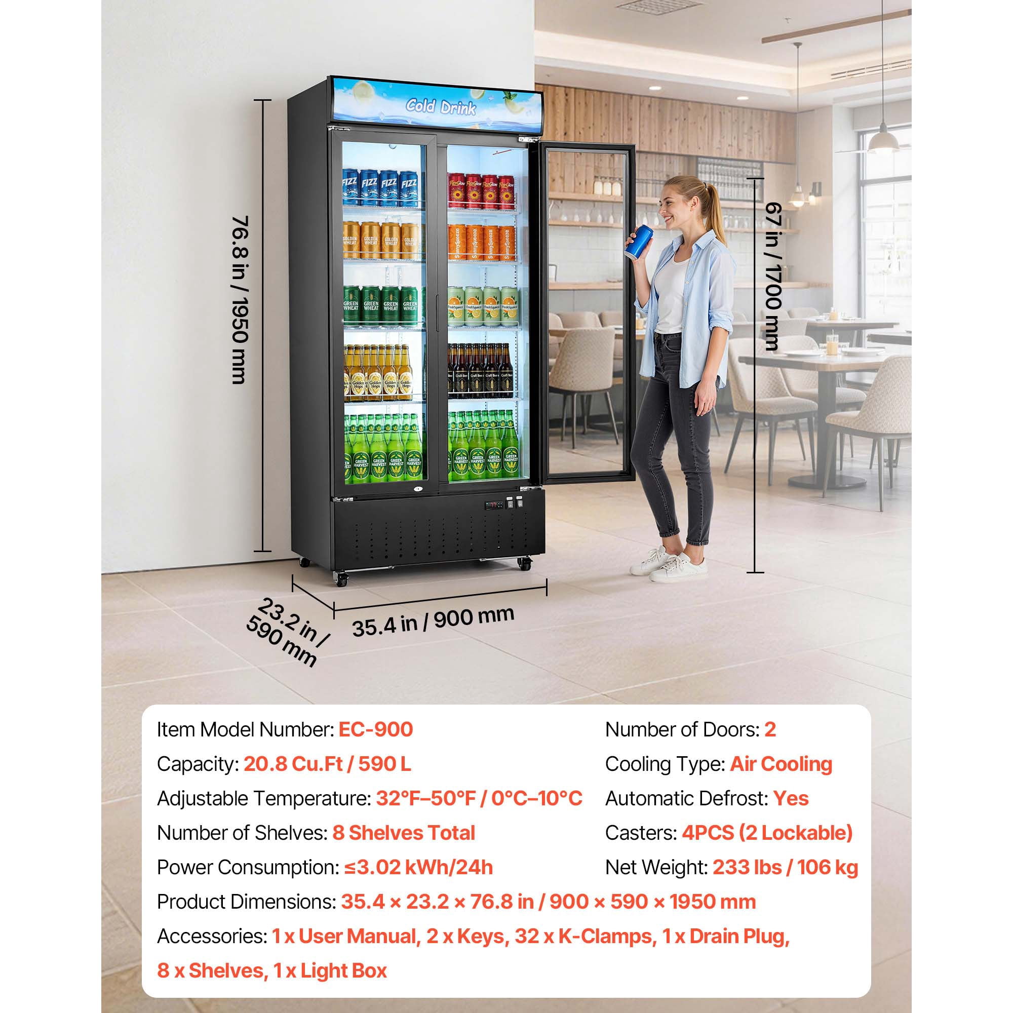 KFFKFF Commercial Merchandiser Refrigerator, 20.8 Cu.Ft / 590L Beverage Display Cooler, Double Glass Door with Customizable Lightbox, 8 Adjustable Shelves, LED Lighting & Casters