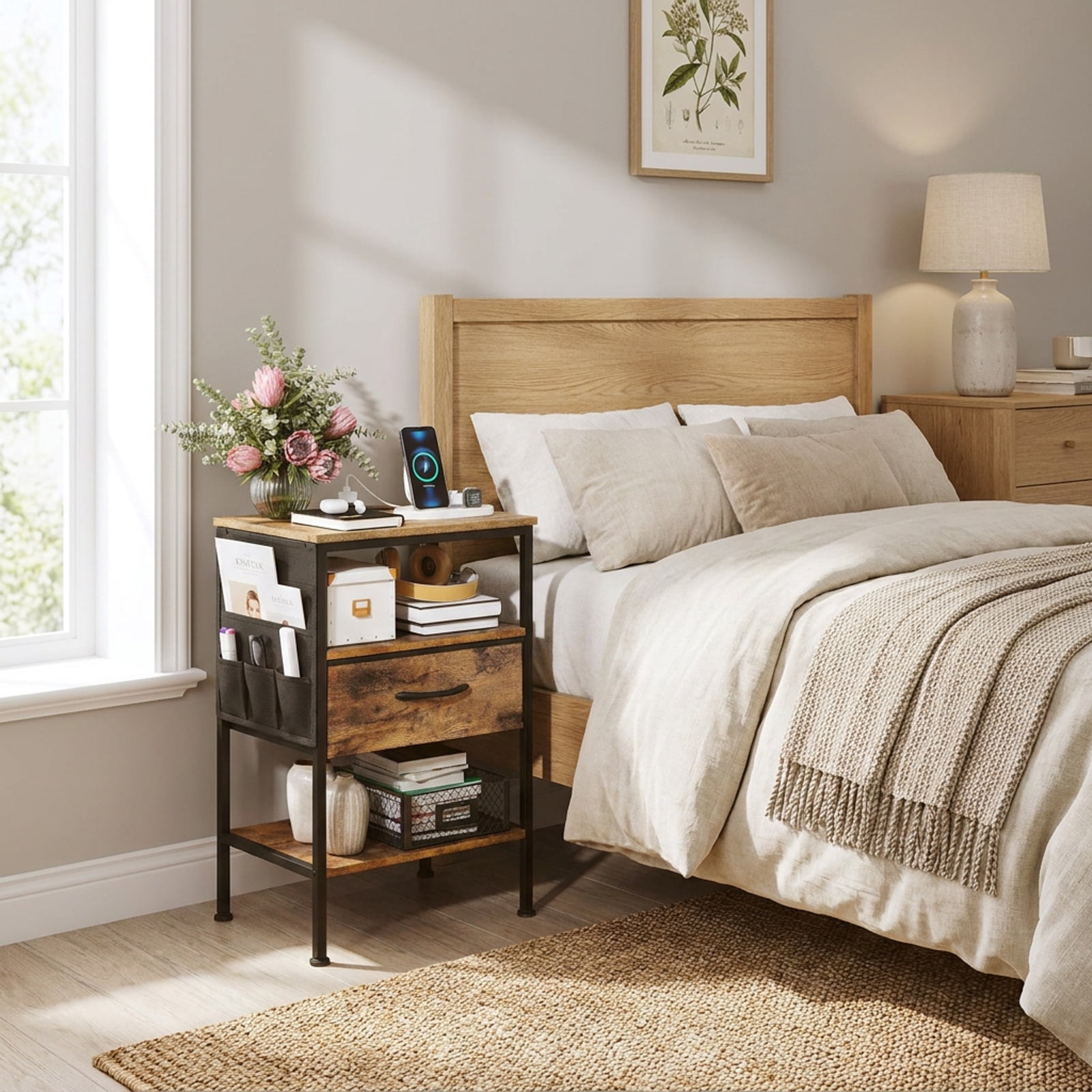 Furnibear Nightstand with Charging Station 24.5 inch Modern Bedside Table with Fabric Drawer for Bedroom Living Room Bedside Sofa Side, Rustic Brown