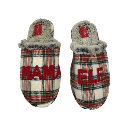 

Womens Plush White Christmas Plaid Mama Elf Holiday Slippers Small (5-6)