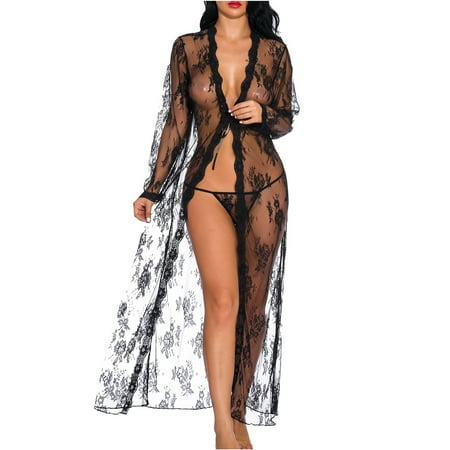 QIPOPIQ Clearance Lingerie for Women Sexy Long Lace Dress Sheer Gown One-Piece Underwear See Through Kimono Robe See-Through Long Nightgown