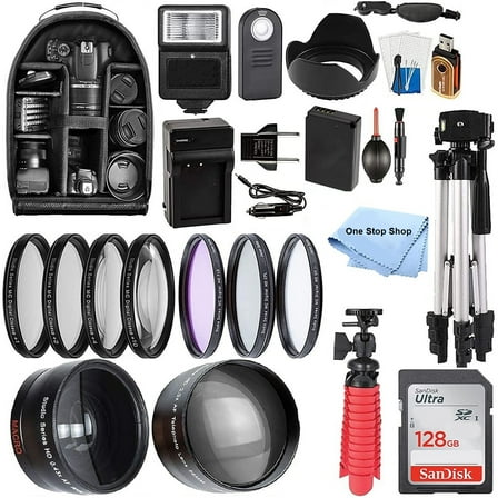58mm Accessory Bundle for Canon EOS Rebel T7, T6, T5, T3, T100, 4000D, 2000D, 3000D and More with 128GB SanDisk Memory Card, Wide Angle Lens, Telephoto Lens, Tripod, Backpack W/One stop shop Cloth