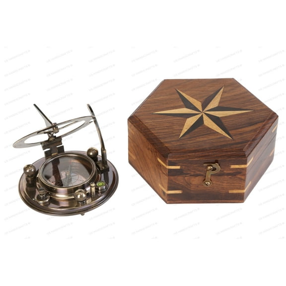 US HANDICRAFTS Vintage Compass Navigation Instrument Brass Sundial Compass with Wooden Case & Calendar Engraved Baptism Gifts for Loved Ones, Son, Love, Partner Compass for Camping, Hiking, Touring