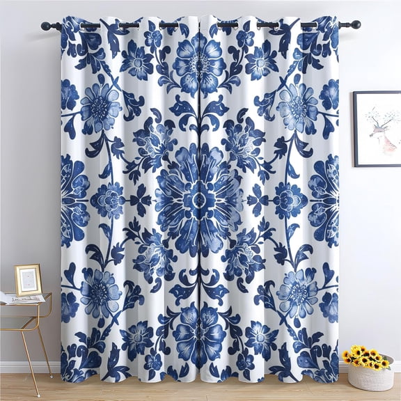 Mexican Floral Curtains, Blue Flower Blackout Curtains, Ethnic Vintage Curtains For Bedroom Living Room Decor, Thermal Insulated Grommet Drapes38"W x 54"L (Pack of 2)
