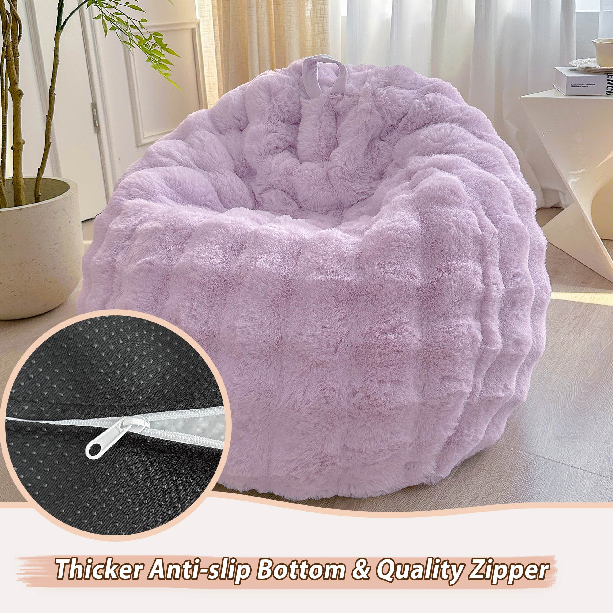 LIFEREVO Fluffy Faux Rabbit Fur Bean Bag Cover (No Filler), Big Fuzzy Stuffed Animal Storage Bubble Waffle Bean Bag Chair for Plush Toys, Comfy Shaggy Furry Beanbag Cover Kids Girls Adults, Lavender